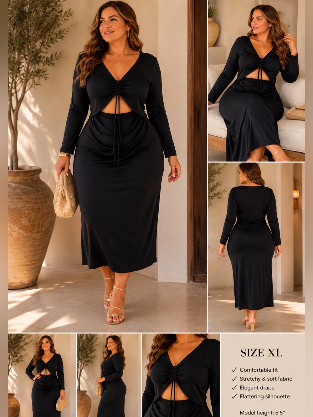 BCBG Paris Black Long Sleeve Ruched Cutout Midi Dress